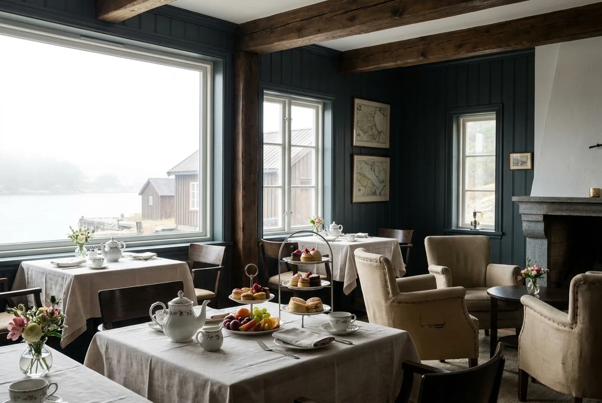 The great hall laid for breakfast, long oak table and linen napkins
