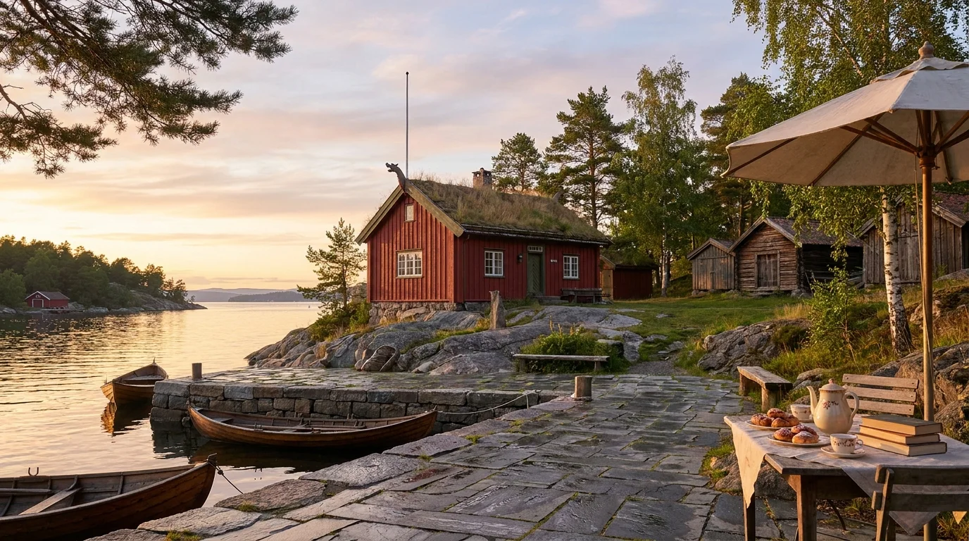 The harbourmaster's house at Åsgårdstrand seen from the pier, timber facade and the Oslofjord beyond