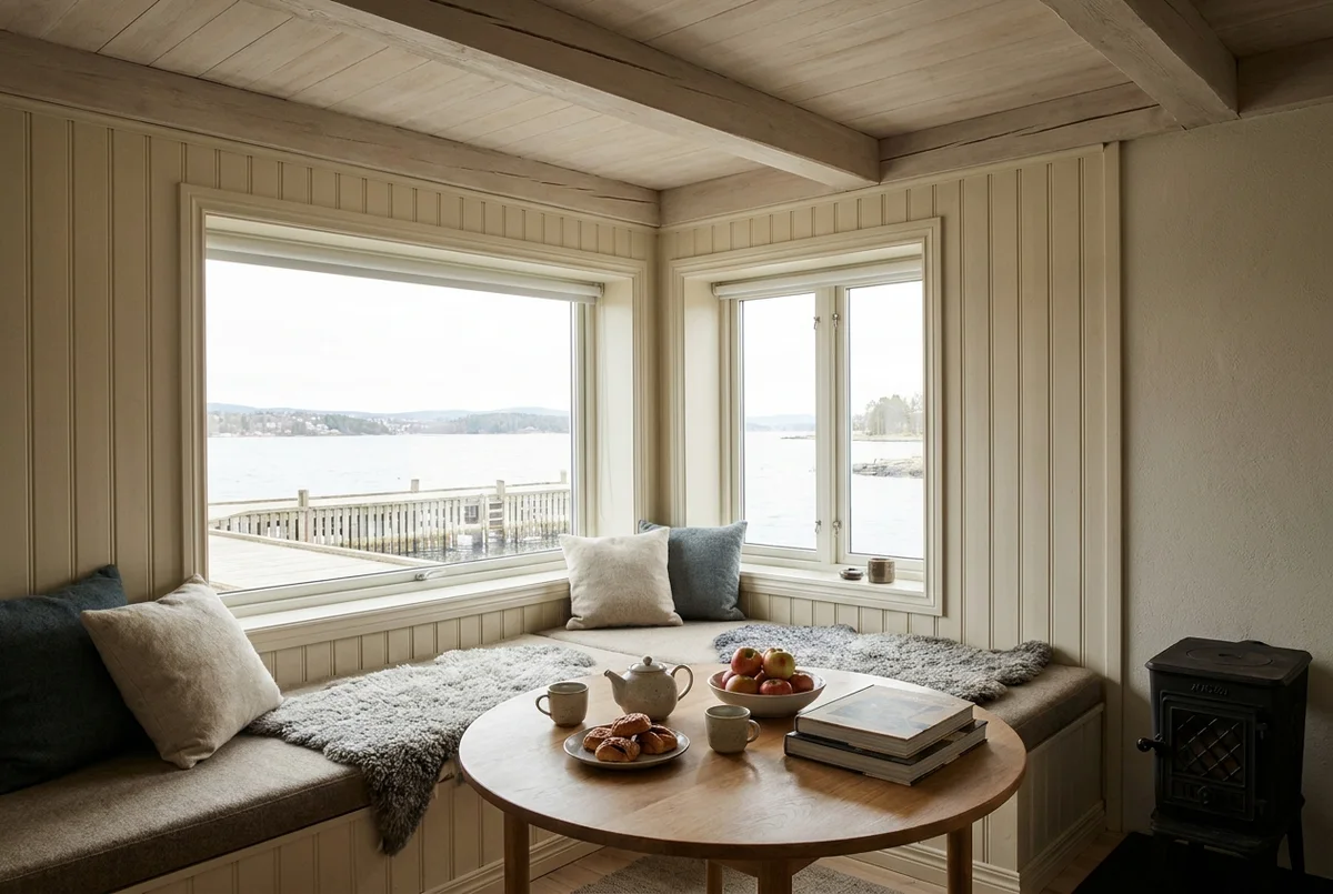 Sitting corner in Stasjon Holmen with the pier window beyond
