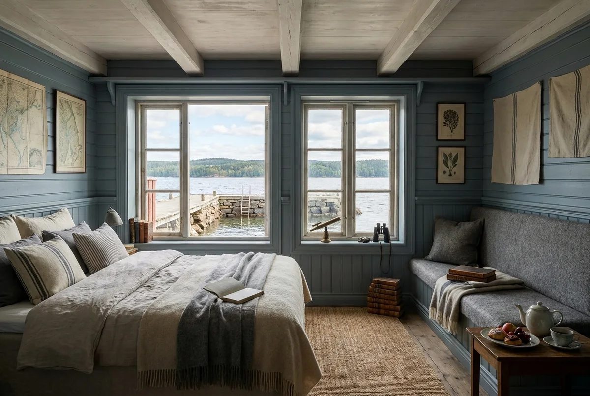 The corner suite Stasjon Holmen at first light, wool bench turned to the pier