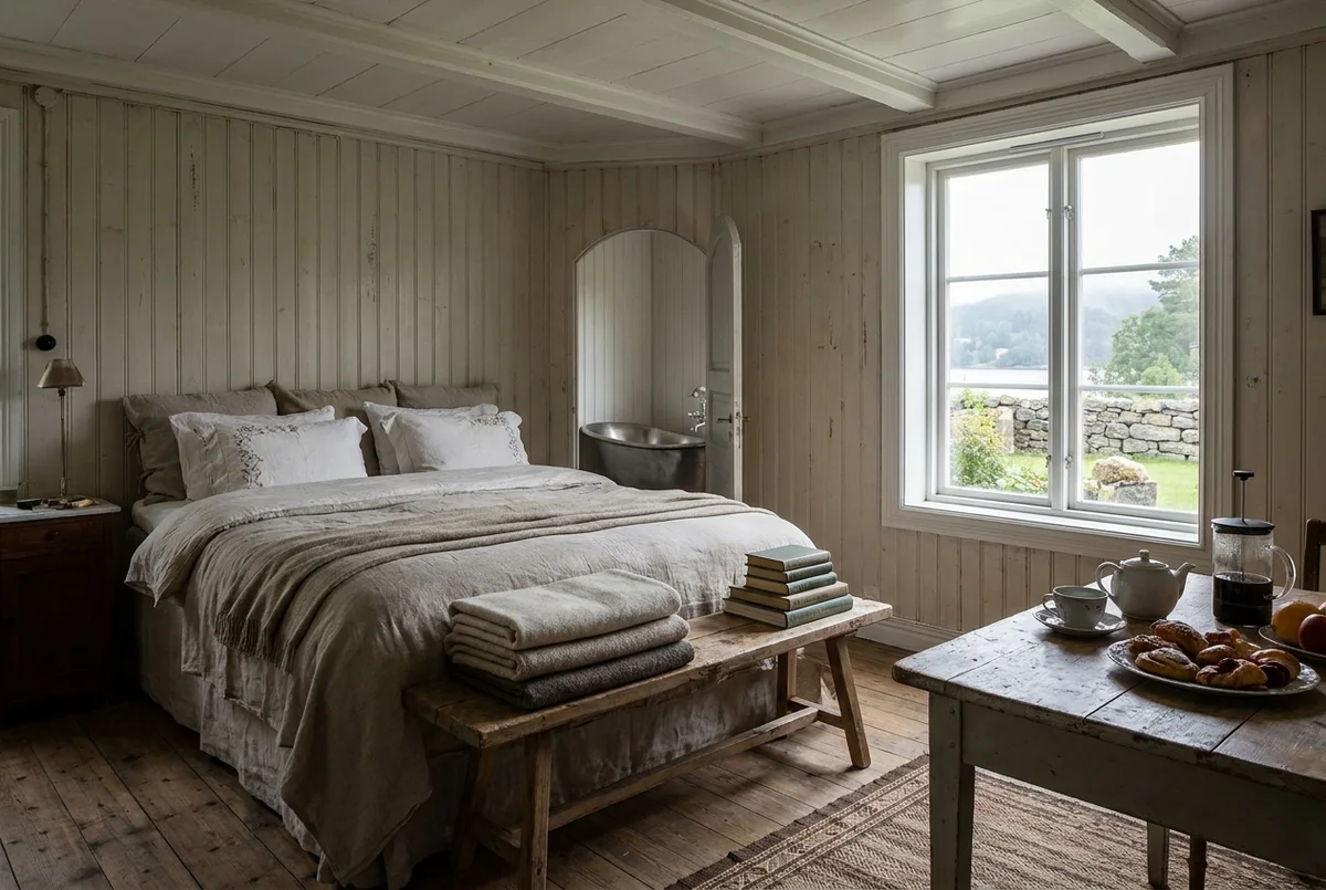 Ground-floor suite Stasjon Krokskogen with birch panelling opening onto the walled garden