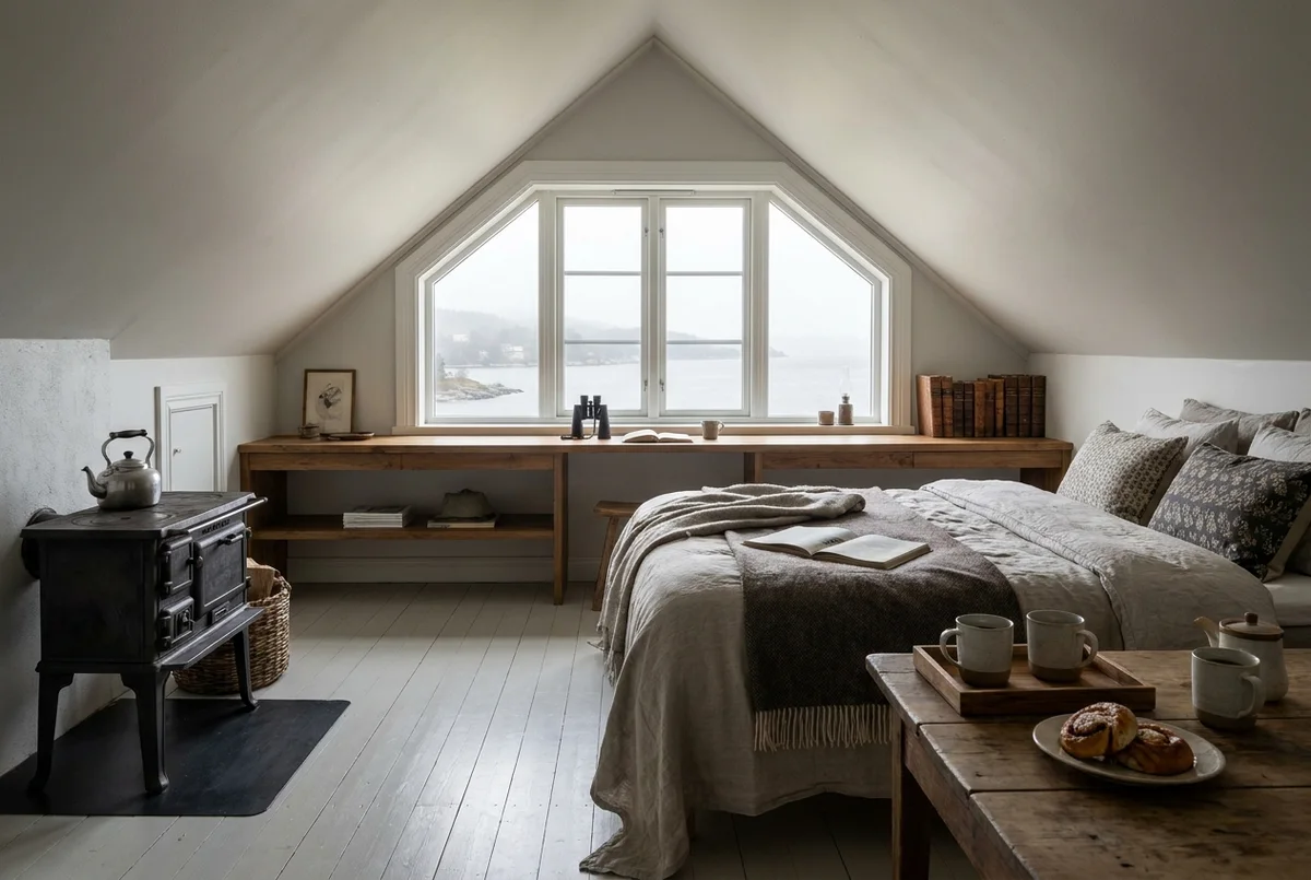 Twin-aspect eaves suite Stasjon Vindstad with a cast-iron stove and long gable desk