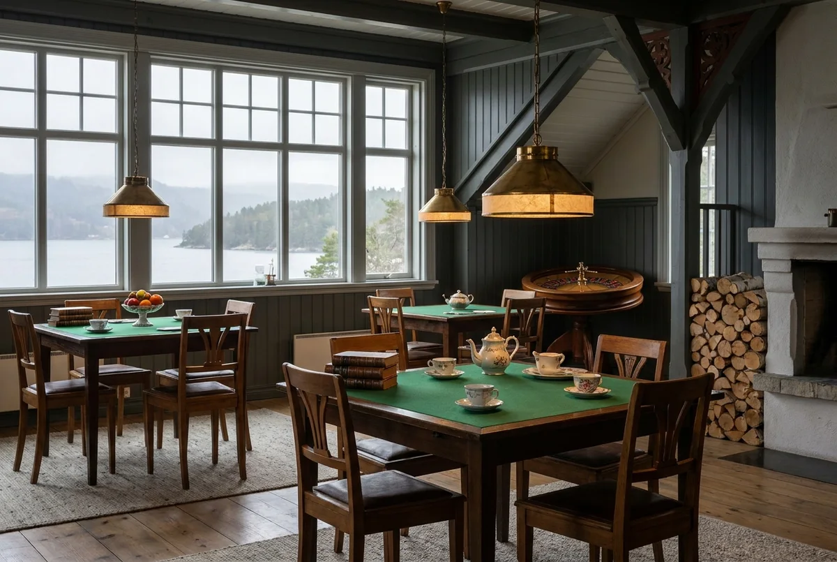 The mezzanine gallery above the great hall, four tables set under chart-room lanterns